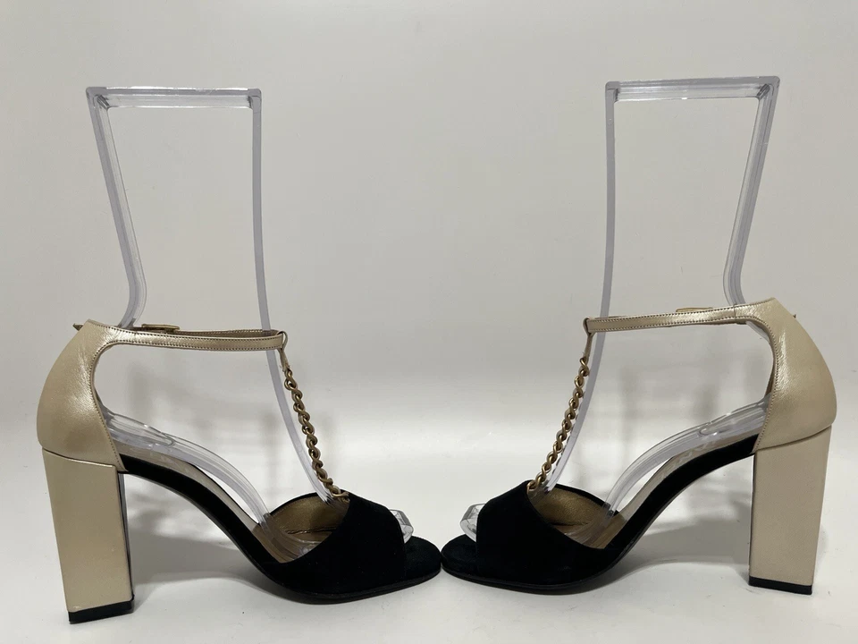 De Colección Chanel Negro Gamuza Beige Cuero Cadena Tacones 36 Foto 4 de 4