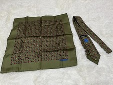 HERMES PARIS Mini Silk Scarf Olive Green Horse Motif tie pair