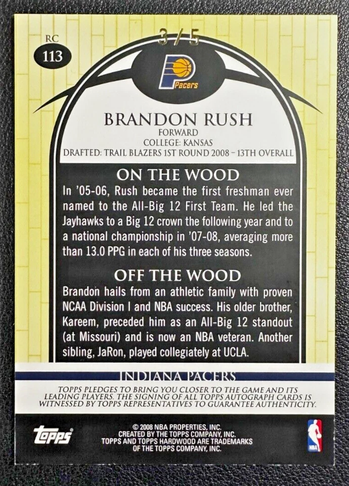 Brandon Rush 2008-09 Topps madera dura autógrafos de novato Redwood automático RC 3/5 Foto 2 de 2