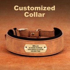 Wide Leather Dog Collar Personalized Name Soft Padded for Large Dogs M-XL Brown