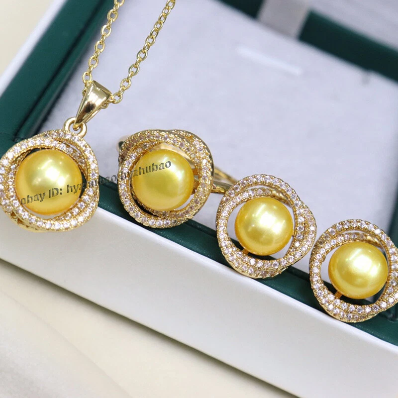 Women's Natural Pearl 18K Gold GP Inlay Earrings +Ring+Pendant Necklace Set AAA - Image 4 of 4