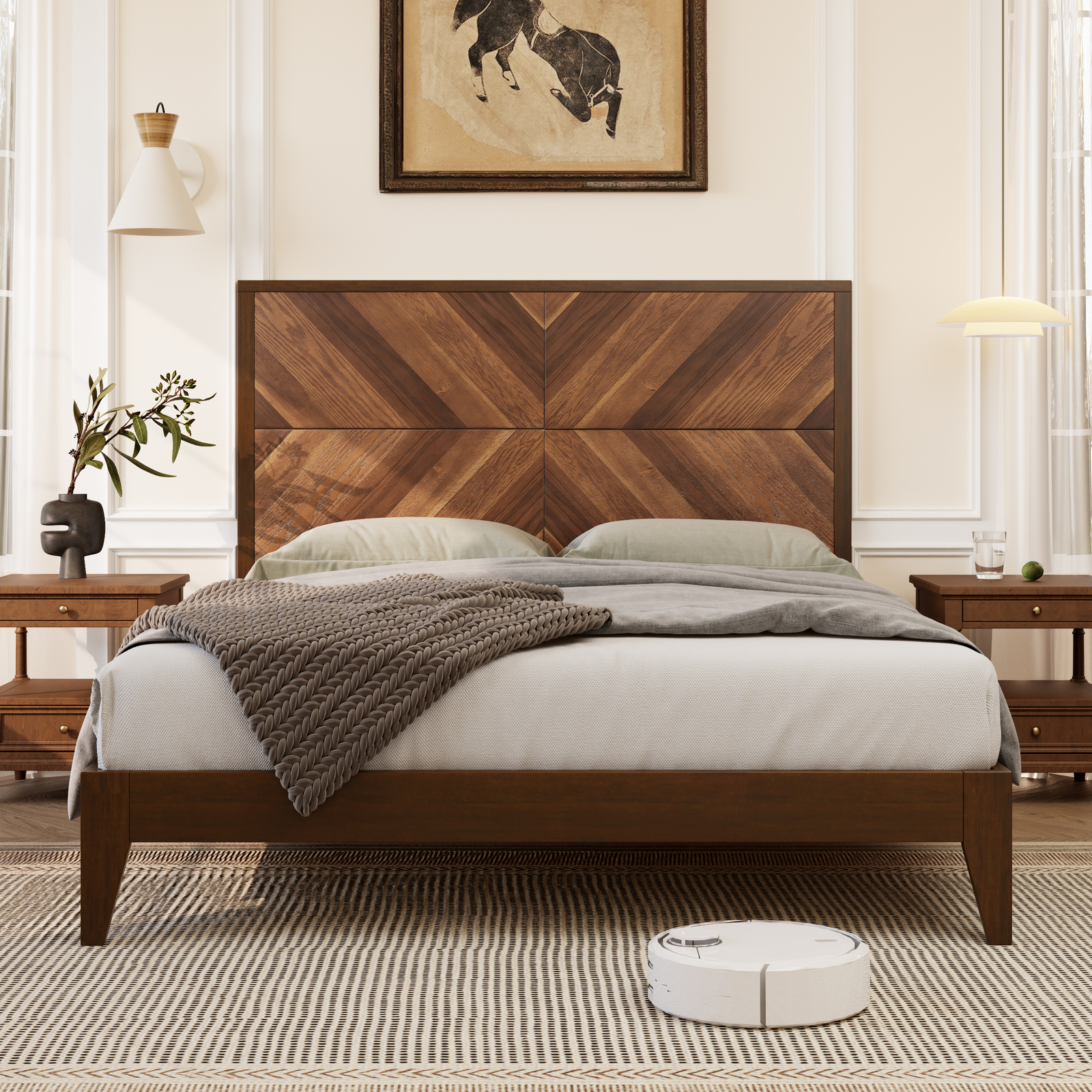 Mid-Century Modern Platform Bed Wood Slat Support with No Box Spring Needed,Quee