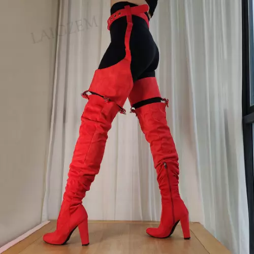 Women Thigh High Boots Round Toe Side Zip Faux Suede Waist Belted Heels Boots