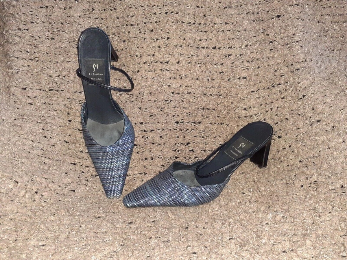 DI SANDRO Slingback Mules Blue Gold Woven Fabric Black Leather Sz