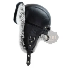 Men's Grey Rex Rabbit Fur Leather Aviator Ushanka Winter Hat - Free Shipping