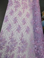 3D Floral Lace Fabric Lavender Beaded Sequin Embroidered Bridal Tulle