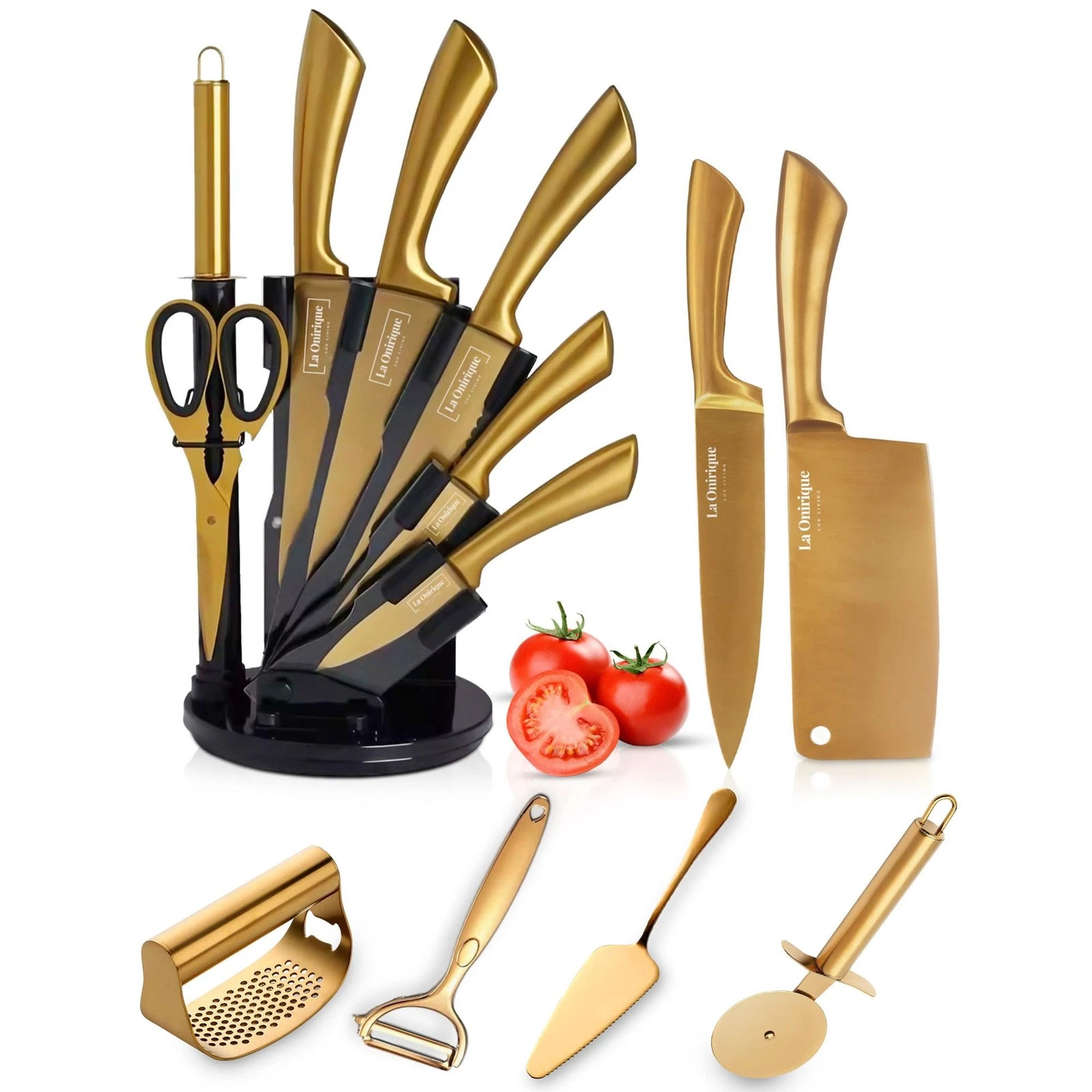 13-Piece Black & Gold Kitchen Set with Block, Rod Sharpener, Garlic Press, Bo...