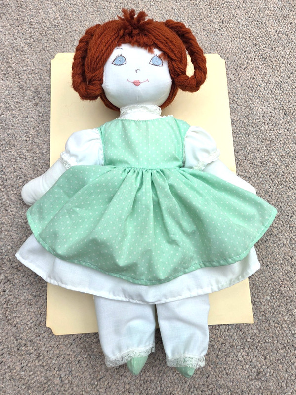 Vintage, handmade stuffed doll with red hair and painted face, 18x6",  clean