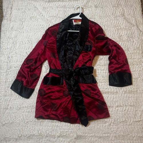 Vintage 1960s Oriental Satin Brocade Smoking Jacket Dressing Robe Red Black M