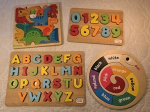 Childrens Wooden Puzzles Alphabet Numbers Colors Dinosaurs Mixed Lot of 4 