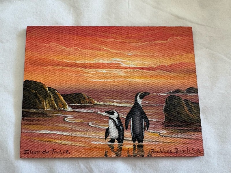 Penguins On Boulder Beach SA - Acrylic Painting Johan Du Toit 2008￼