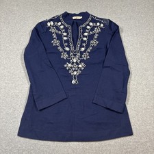 Tory Burch Linen Tunic Dress 6 Navy Blue Long Sleeve Resort Boho Coastal Shells