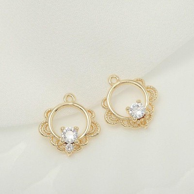 4PCS 18K Gold Plated Brass Round Charm Pendant, Cubic Zirconia Link GZX141