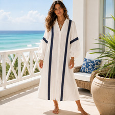 Soft Surroundings Ravenna Linen Shirtdress XS White Blue Crochet Coastal Boho