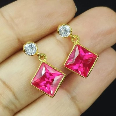 Princess Cut Simulated Pink Ruby Women's Drop Earrings In 14k Yellow Gold Plated