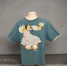 VTG Alaska Indian Inuit Yupik Shirt Men XL Single Stitch Short Sleeve Green Blue