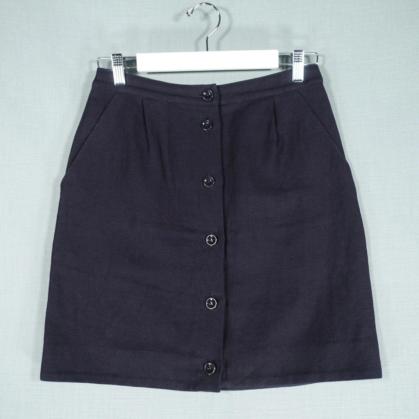 APC Paris Mini Skirt Womens 38 Navy Blue Linen Cotton Button Front Ribbed Casual