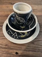 Studio Art Pottery Jean Wells Signed  Monkey Plate, Bowl, Mug 3pc Set