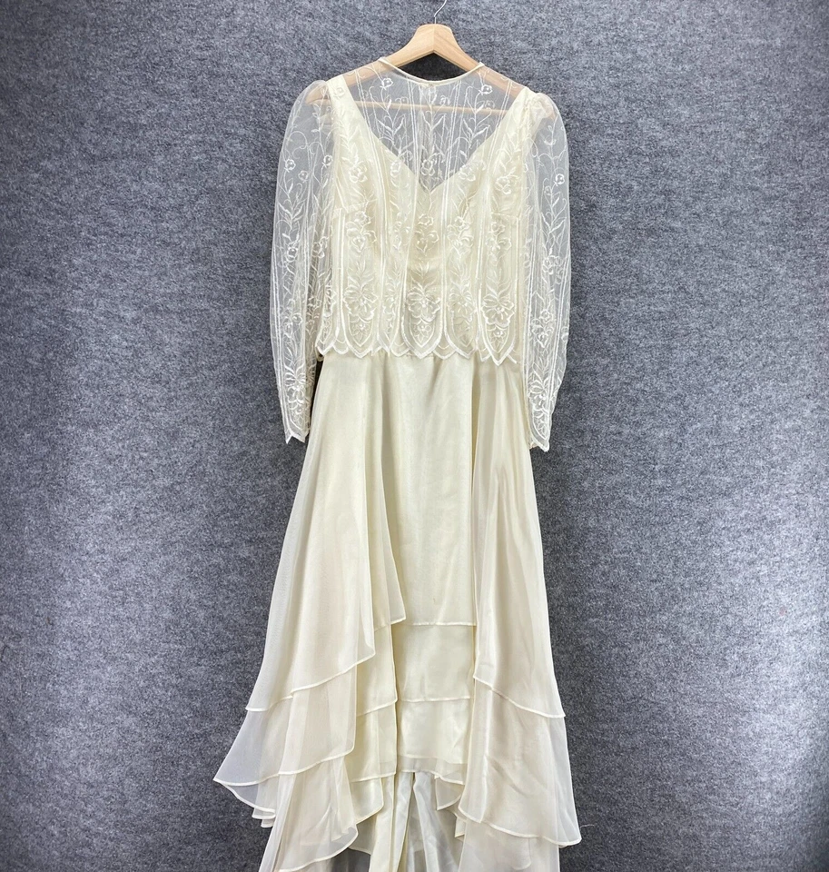 Vestido Vintage Mujer 10 Beige Maxi Cremallera Larga Manga Larga Volantes Cuello Redondo Foto 3 de 4