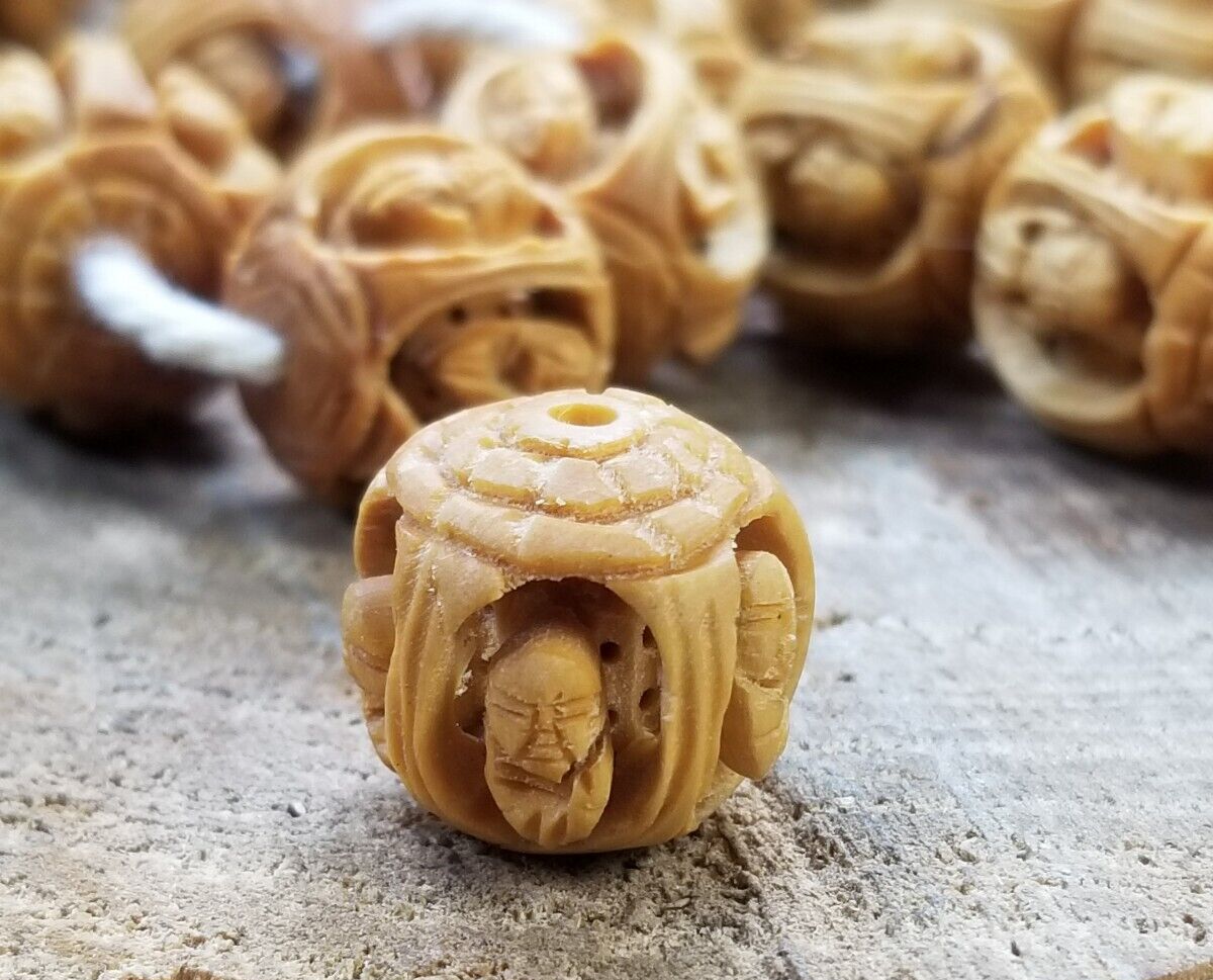 Vintage Tibetian Faces, Buddha, carved wood bead, AMAZING DETAILS Two Parts