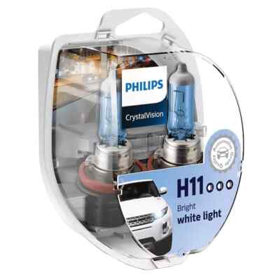 (FREE T10 PARKERS) H11 PHILIPS CRYSTAL VISION 12V 55W 4300K WHITE HALOGEN BULBS