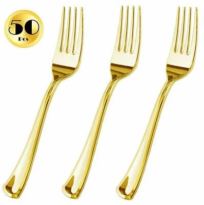 50 Piece Gold Plastic Forks, Reusable & Recyclable, Elegant Utensils by JL Prime