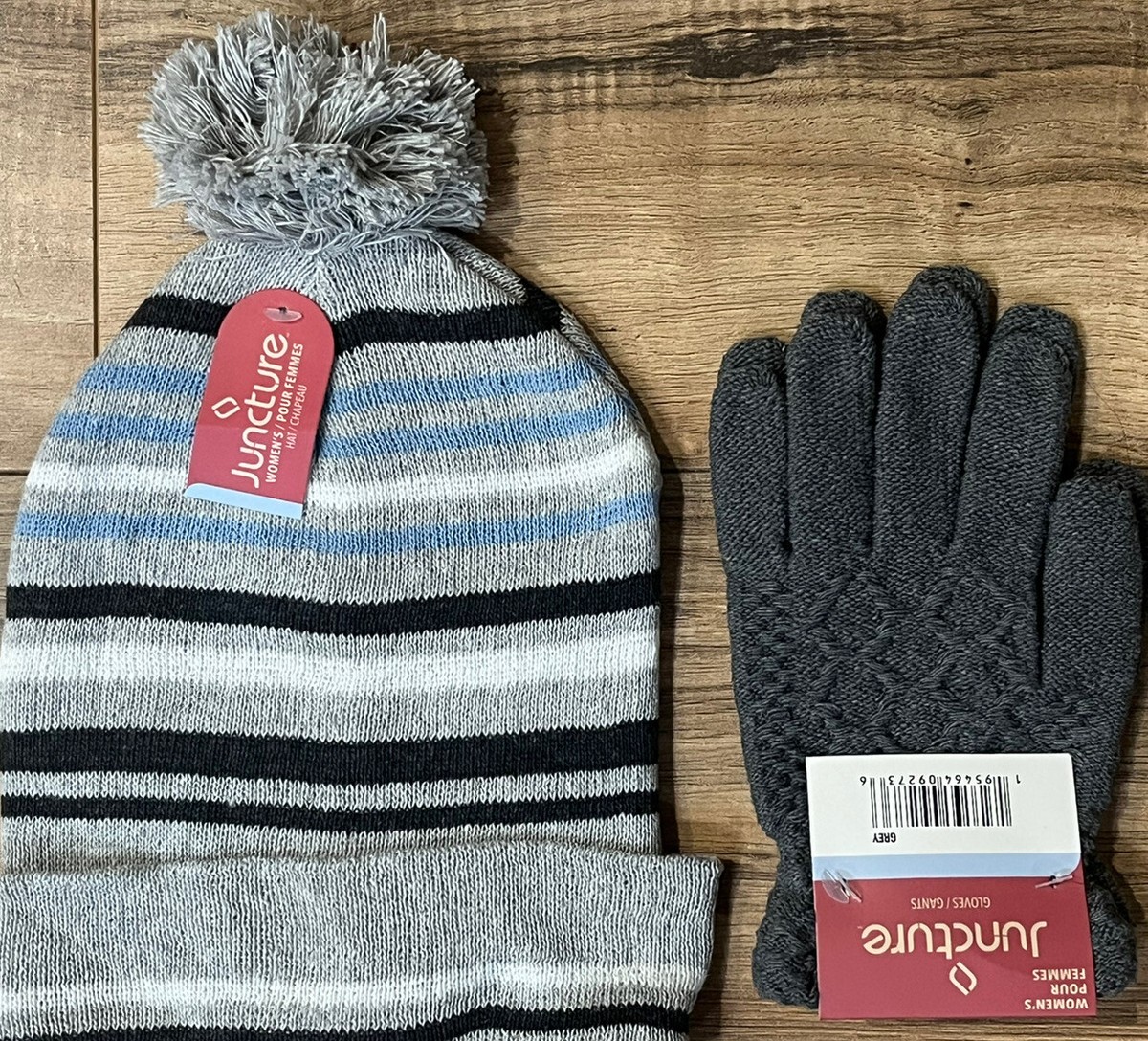 Women's Beanie Snow Hat & Gloves Blue/Gray Striped Pom Pom Warm