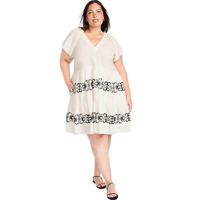 Old Navy Embroidered Mini Swing Dress Women's Plus 4X Floral Cream Boho Peasant
