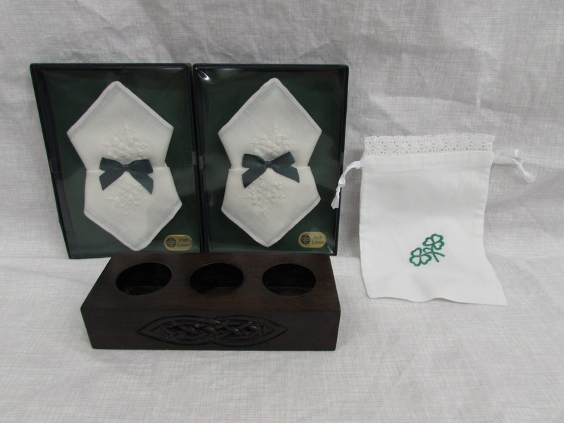 Irish Linen Handkerchiefs, Shamrock Drawstring Pouch, Celtic Tea Light Holder