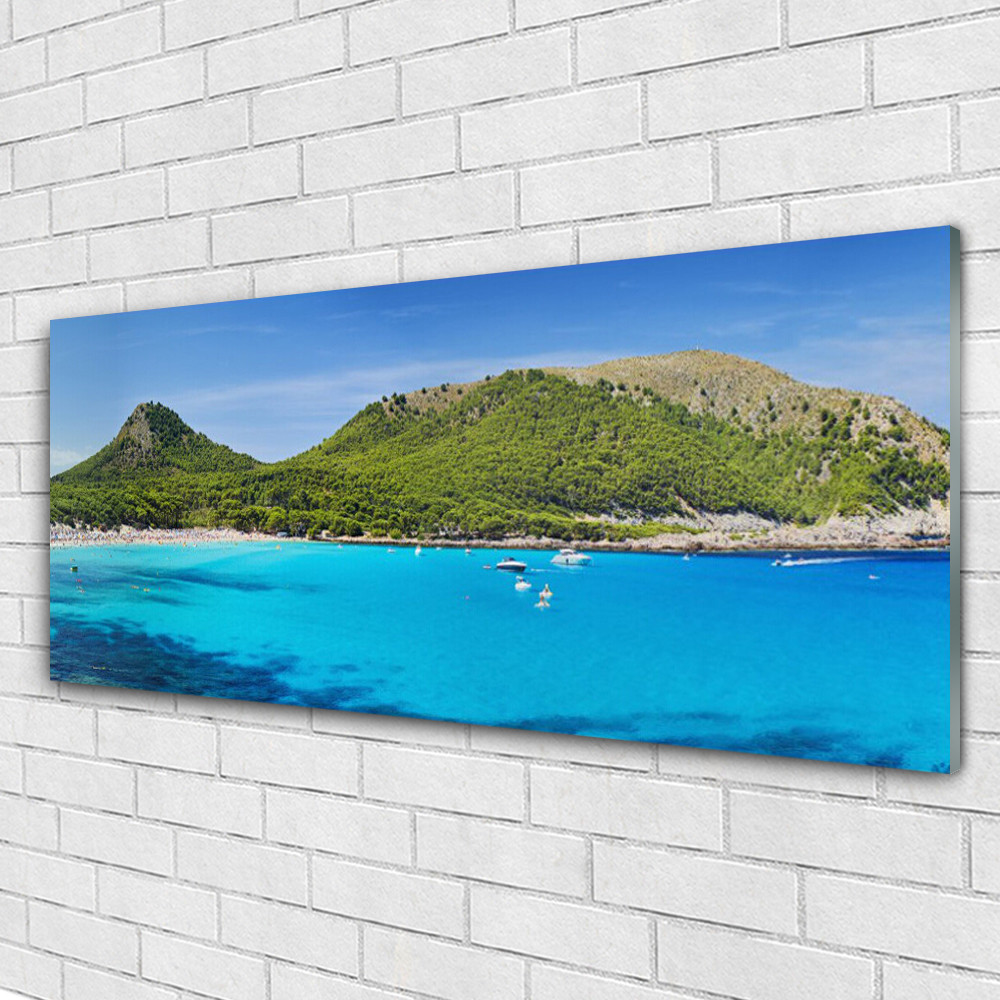 Tableau paysage montagne et mer impression sur verre acrylique panoramique de 125x50 cm