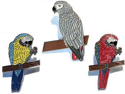 Afrikanischer Grau & Ara Papagei Metall Emaille Vogel Set Anstecknadel Abzeichen Brosche Neu 34 mm