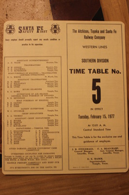 ATSF-SANTA FE RAILWAY SOUTHERN DIVISION EMPLOYEE TT #5  FEBRUARY 15,1977-TAN-MT
