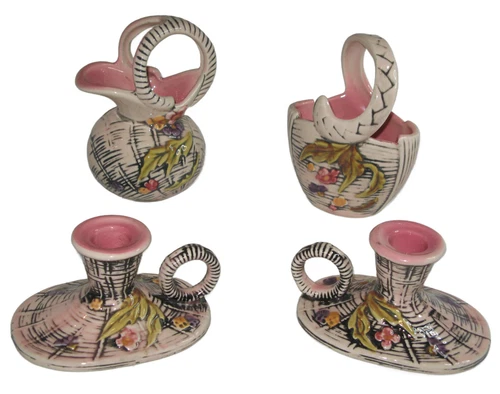 Vtg Hull USA Pottery Blossom Flite 4-pc Lot Mid-Century 1955 Signed T11, T2, T1