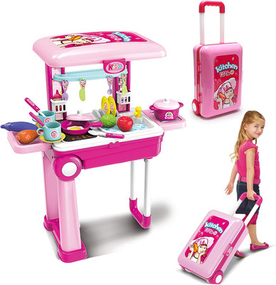 2-In-1Travel Luggage Turn into Play Kitchen, Kids Kitchen Playset Toys with 25+P
