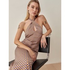 Reformation Lille 100% Silk Dress Retro Print Halter Neck Maxi Size 8