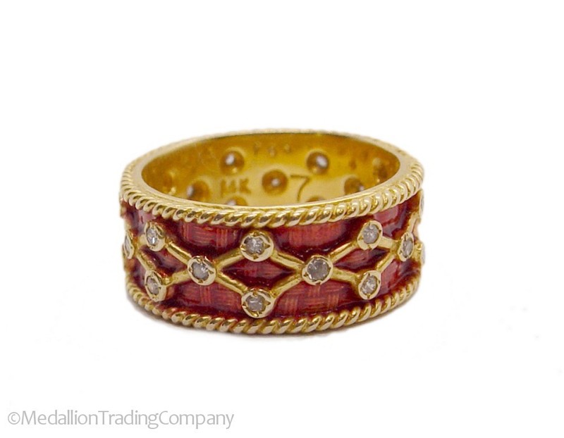 14k Yellow Gold MMA Red Enamel Diamond Etruscan Byzantine 9mm Eternity Band lOT