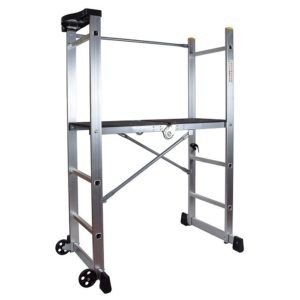 Sturdy & Compact Folding Scaffold Platform Ladder on Wheels & Tool Tray