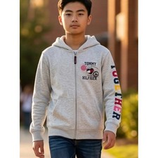 Tommy Hilfiger Full Zip Up Hoodie Sweatshirt Boys Sz Medium 8/10 Gray Logo
