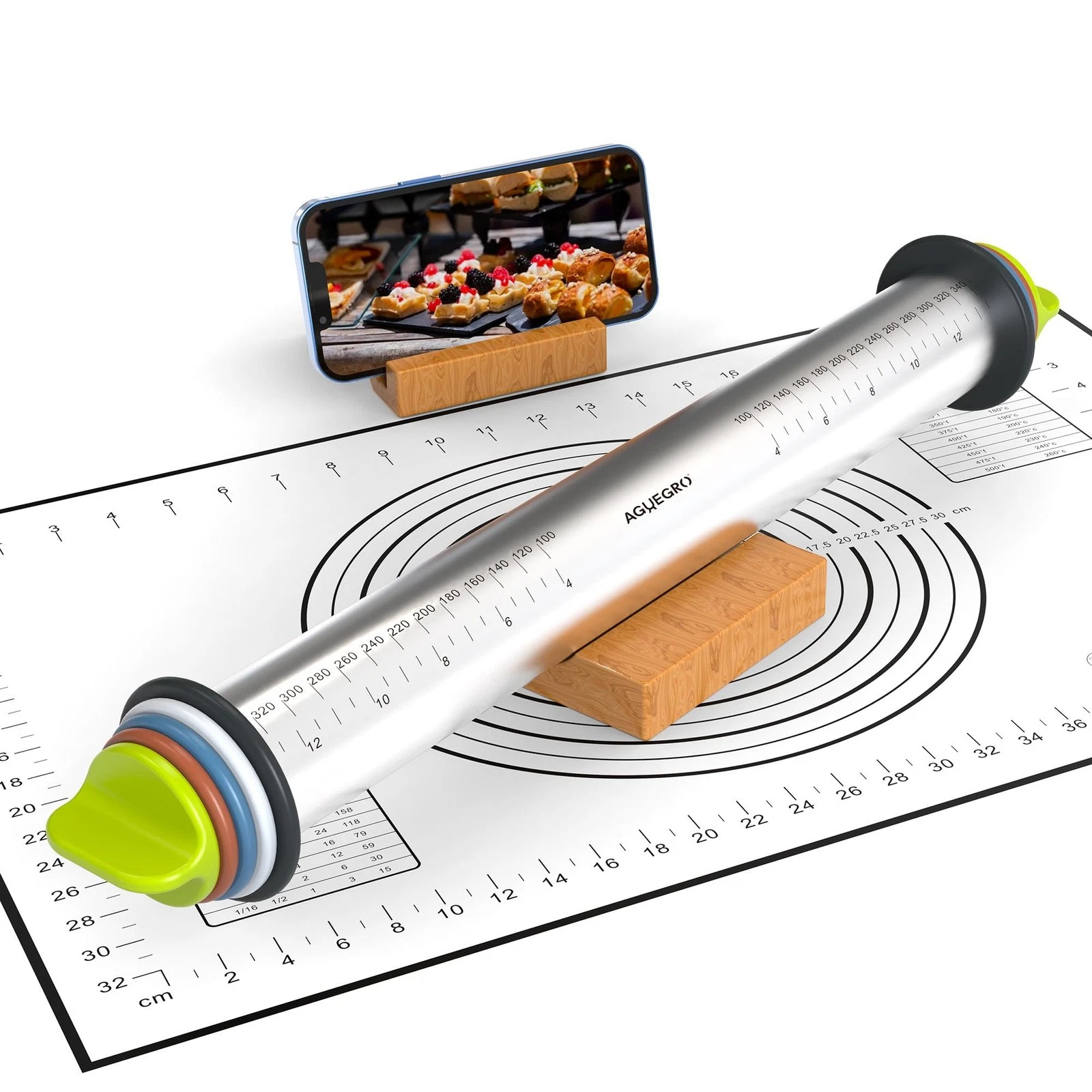 Stainless Steel Rolling Pin with Thickness Rings and Pastry Baking Mat for Ba...