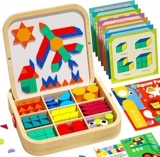 Wooden Magnetic Pattern Blocks Set with Cards, 288 PCS Montessori Tangram...