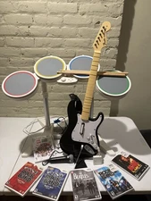Nintendo Wii Rock Band Bundle Set W Wireless Guitar, Dongle, Drums Game, Mic Lot