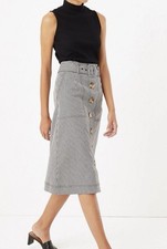 M&S Black & White GINGHAM Button Front Belted Midi A-Line SKIRT UK 10