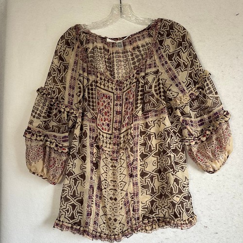 Diane von Furstenberg DVF Silk Geometric Floral Ruffle Blouse Brown Purple Sz 4