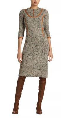 St. John Women Leather Trim Bouclé Dress Camel/Ecru Multi Size 10