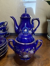 Vintage Japanese Cobalt Blue Porcelain Tea Set Oriental Bird/Floral Gold Trim