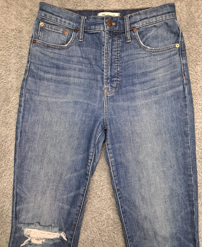 Jeans Madewell donna 28 perfetti vintage ritagliato orlo grezzo invecchiato foro blu denim - Foto 3 di 13