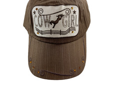 Western Womens Cap OS Cowgirl Pinstrip Embroidered Hook Loop Crystal Brown