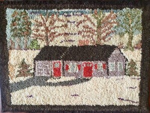 Antique Primitive Folk Art Winter Scene Hand Hooked Wool Rug 16 x 12”