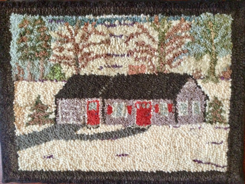 Antique Primitive Folk Art Winter Scene Hand Hooked Wool Rug 16 x 12”