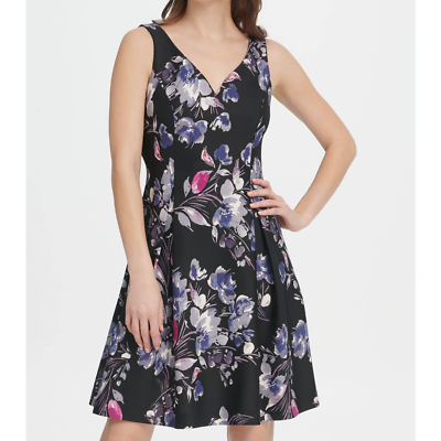 DKNY Black Floral Sleeveless Scuba V Neck Fit & Flare Dress Womens Size 14  | eBay